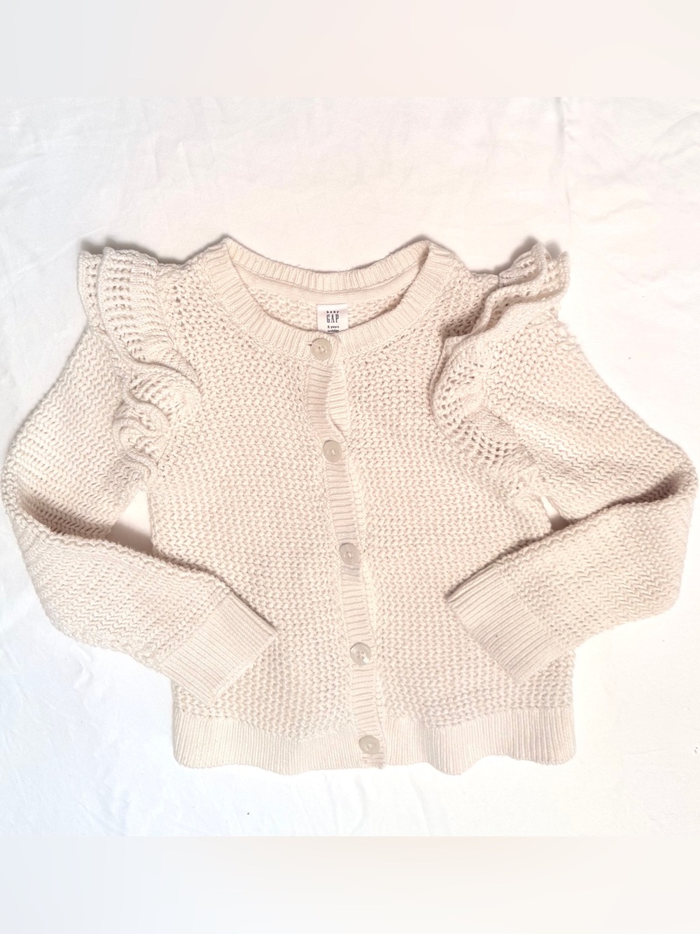 GAP Cream Knit Ruffle-Shoulder Cardigan